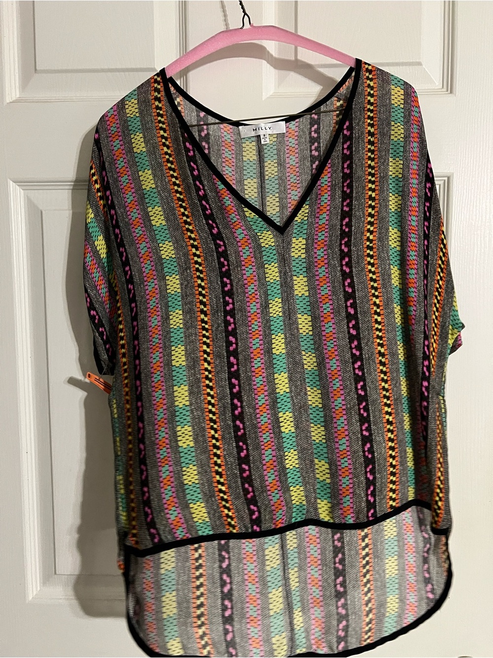 Milly Multicolor Vertical Stripe V-Neck Tunic — Pink, Green, Yellow & Black
